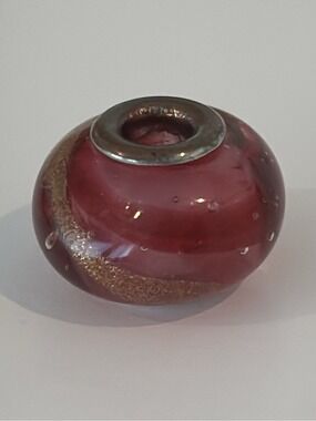 TROLLBEADS glass bead pink purple with gold swirls sterling silver core